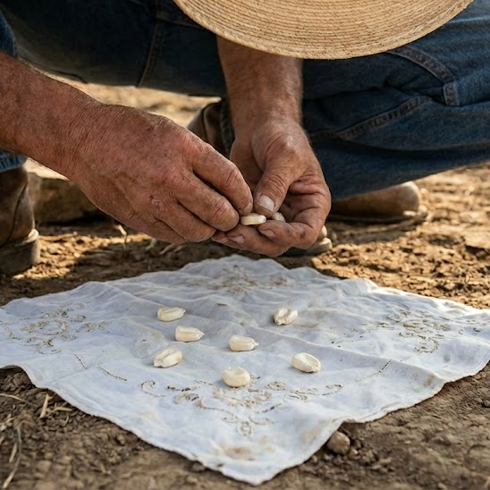 Corn kernels scattered on a white cloth